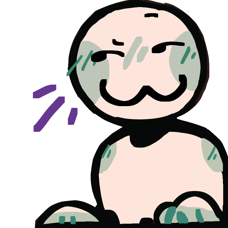  a light greyscale figure with a cheeky expression, hands placed down in front of them, and three purple emphasis lines.